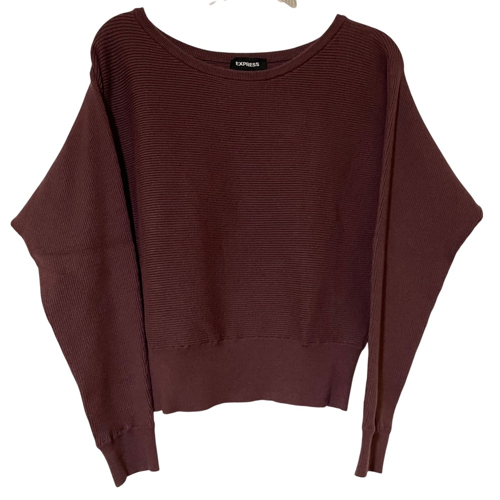 Express Ribbed Knit Women's Sweater – Maroon, Size M, Wide Neck